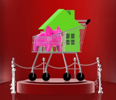 3D ev ve kumbara bir alışveriş arabasında - podyum, 3D görüntüleme