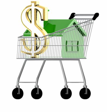 3D ev ve dolar sembolü bir alışveriş arabasında- 3D görüntüleme
