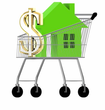 3D ev ve dolar sembolü bir alışveriş arabasında- 3D görüntüleme