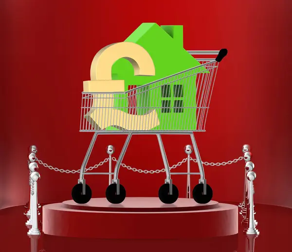 Bir alışveriş arabasında 3D ev ve pound sembolü - podyum, 3D görüntüleme
