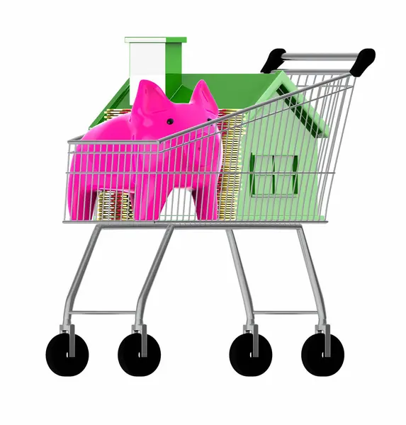3D ev ve domuz kumbarası bir alışveriş arabasında- 3D