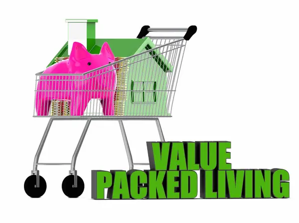 3D ev ve domuz kumbarası bir alışveriş arabasında, degerli yasam - 3D görüntüleme