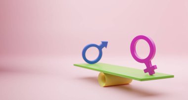 Pembe kadın imzası ve mavi adam iş eşitliği insan hakları ve cinsiyet kavramının kullanılması için tahterevallilere imza atıyor. Görüntü 3B