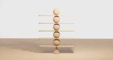 Wooden spheres balancing on seesaw. Concept of harmony and balance in life and work