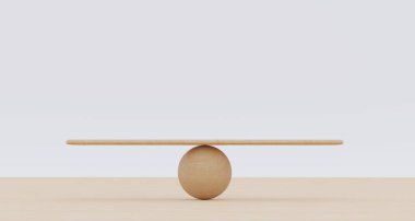 Wooden spheres balancing on seesaw. Concept of harmony and balance in life and work