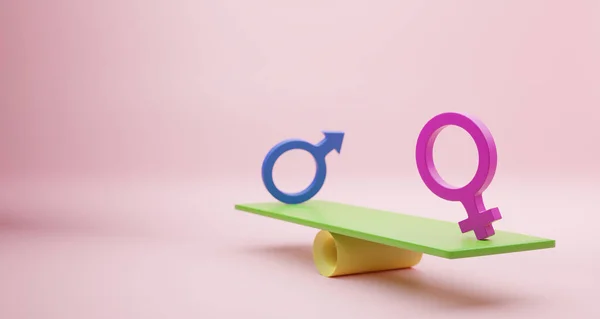 stock image Pink woman sign and Blue man sign on balance seesaws for business equality human rights and gender concept using. Illustration 3D