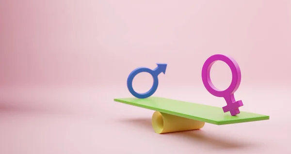 Pink Woman Sign Blue Man Sign Balance Seesaws Business Equality ストック写真