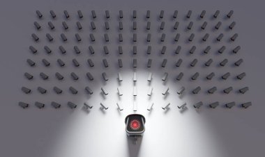 3D illüstrasyon. Duvardaki güvenlik kameraları. Güvenlik, izleme ve koruma kavramı.