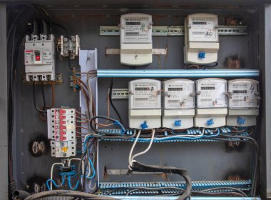 Uzhhorod, Ukraine - December 21,2022:  Box with domestic electricity meters  outdoors in Uzhhorod, Uktaine 