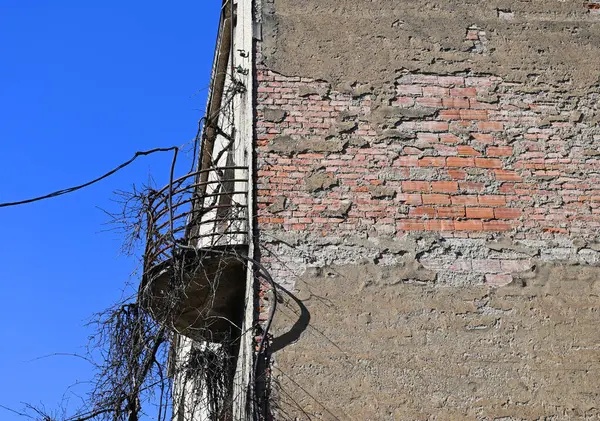 Yıpranmış bina duvarı açıkta kalmış tuğlaları ve solmuş alçıyı ortaya çıkarıyor. Paslı bir balkon, etrafını saran asmalarla dolu, canlı mavi bir gökyüzüne karşı güvenilmez bir şekilde asılı duruyor.