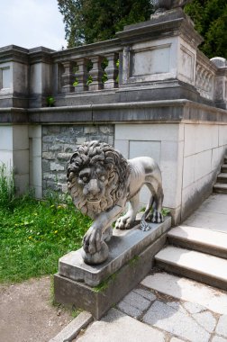 Sinaia, Romanya - 27 Mayıs 2023: Romanya 'daki Peles şatosundaki tarihi bir bahçede taş merdivenleri koruyan taş aslan heykeli