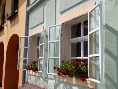 Canlı kırmızı sardunyalarla süslenmiş iki açık pencere ilkbaharda bir köy binasının büyüleyici cephesine canlı bir dokunuş sağlıyor.