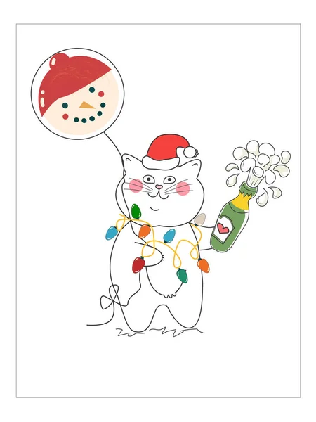 Christmas New Year Cute White Cat — Stock Vector