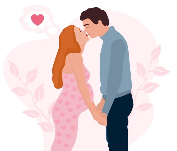 妊娠中の女性とモノクロの葉と心を持つピンクの背景に彼女の最愛の男を愛するカップルのベクトルイラスト カードのための図面 はがき 挨拶やポスター — ストックベクタ