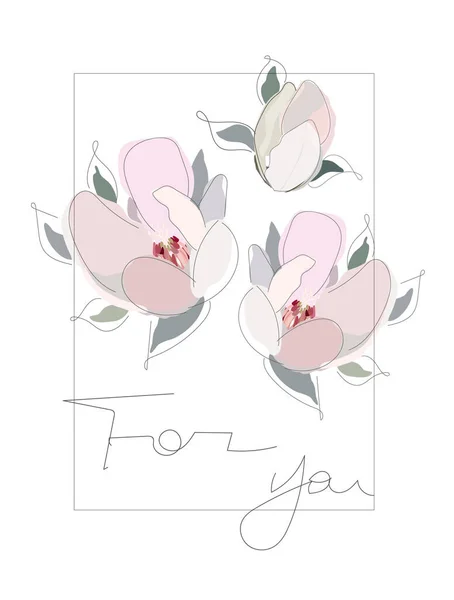 Manolya çiçekleri ve metin içeren el çizimi illüstrasyon kartı