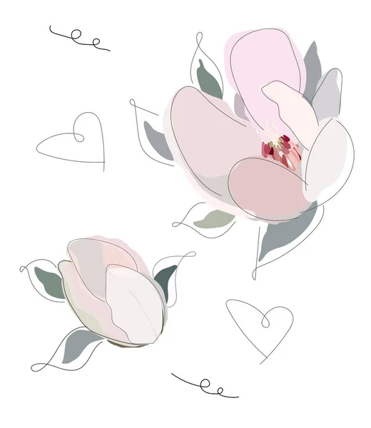 Siyah beyaz karalamalı manolya çiçekli el çizimi illüstrasyon kartı 