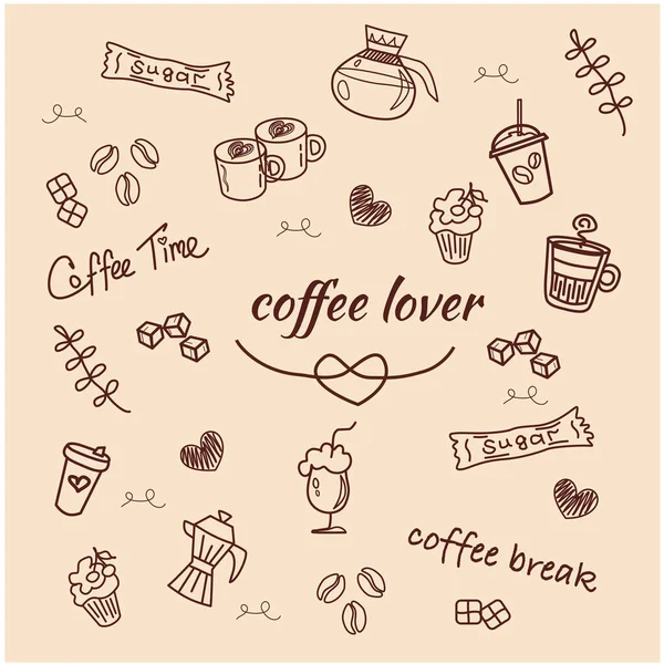 Doodle Hand Zeichnung Kaffee Und Essen Set Drink Vektor Design — Stockvektor