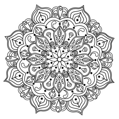 Henna, Mehndi için Mandala vektörü, dövme, dekorasyon. Etnik doğu tarzında dekoratif süs. Boyama kitabı sayfası.