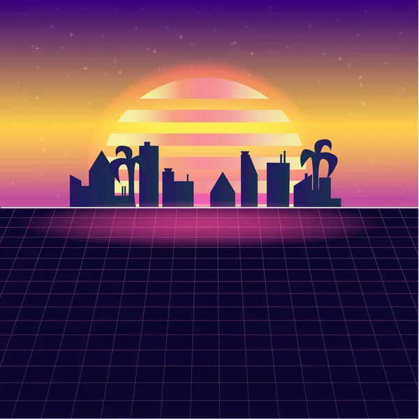 Geçmişinde mor renkler, büyük güneş, binalar ve palmiyeler olan vektör hastalığının retro tarzı arka plan