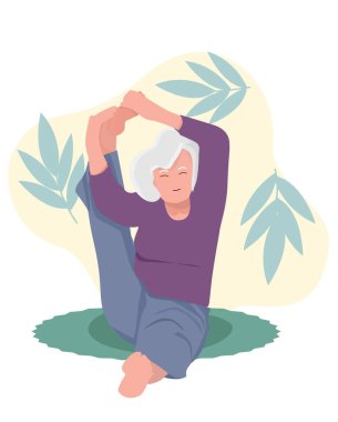 Bir kadının vektör illüstrasyonu.Evde yoga pozu vermiş yaşlı bir kadın çizgi filmi. Yoga pratiği. Yaşlı kadın ve mutlu kadın bacaklarını yukarda uzatıyor.
