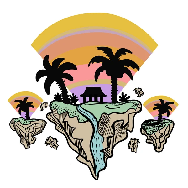 Illustrazione Vettoriale Logo Isole Volanti Con Palme Sole Edificio Stile — Vettoriale Stock
