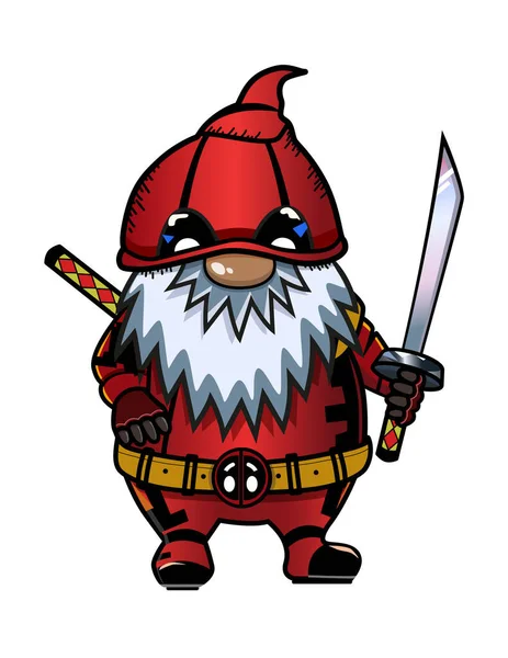 Διάνυσμα Χαριτωμένο Νάνος Gnome Ένα Κοστούμι Deadpool Απομονωμένο Λευκό Φόντο — Διανυσματικό Αρχείο