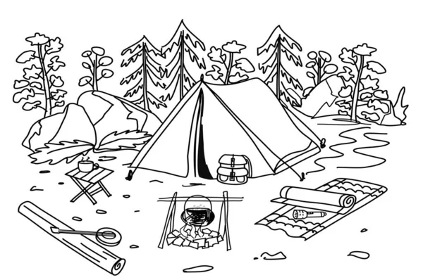 森の中でキャンプ テント バックパック マット 火災や植物黒と白 — ストックベクタ
