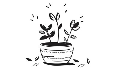 Saksı bitkisi çizimi, el çizimi, karalama tarzı, izole edilmiş beyaz arka plan