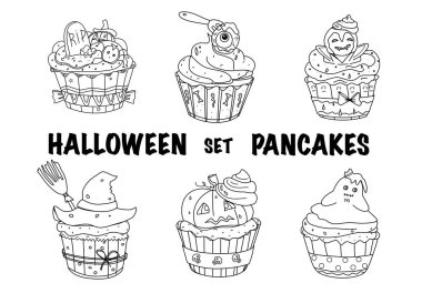 Cadılar bayramı için bir dizi kek, el çizimi.