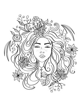 Renklendirme sayfası, beyaz arka planda çiçekli bir yüzü olan güzel bir kadın.