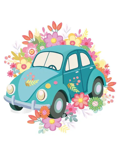 mavi araba retro, çiçekli eski model.