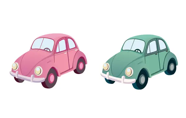 Retro arabaları yeşil ayarla ve beyaz izole arkaplanda gül