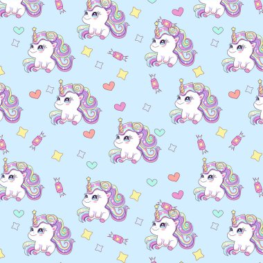 Mavi arka planda bebek gökkuşağı tek boynuzlu atı deseni