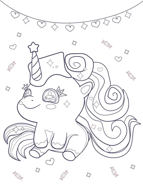 Sevimli gökkuşağı bebek tek boynuzlu atının boyama sayfası