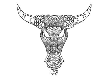 Boğa başlı siyah beyaz renkli sayfa beyaza izole edilmiş.