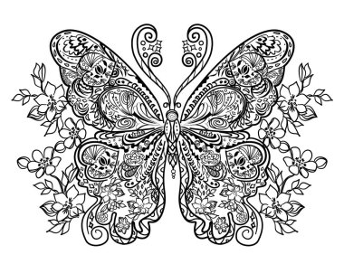 Yetişkin ve beyaz tenli çocuklar için sevimli kelebek boyama sayfası