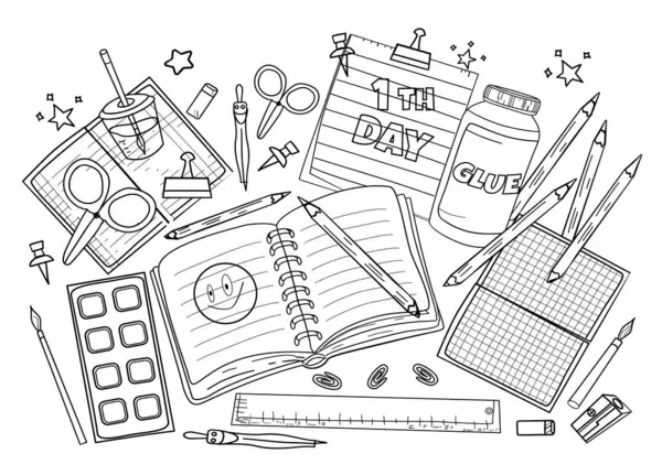 Öğrenciler için okul malzemeleri, boyama sayfası siyah beyaz