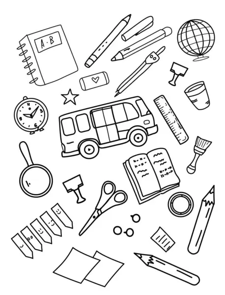 Okul boyama sayfası, öğrenci malzemeleri.