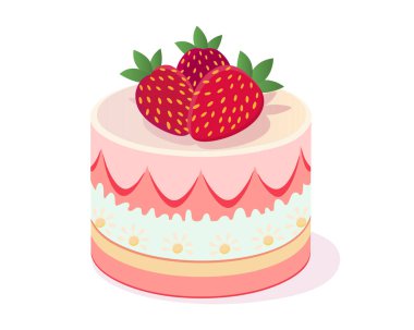 Taze çilek ve çiçeklerle süslü zarif bir pasta. Pembe renk. Vektör el çizimi.