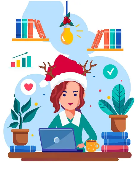 Dizüstü bilgisayarda Noel Baba şapkası takan, uzaktan kumandalı, el çizen bir kız.