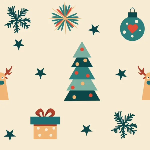 Geyik deseni, hediye ve beyaz arka planda bir Noel ağacı.