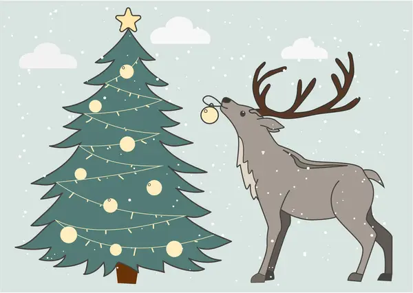 Ren geyiğinin retro tarzı posteri ve taşaklı bir Noel ağacı.