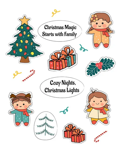 Çocuklu çıkartmalar ve noel elemanları vektör illüstrasyonu