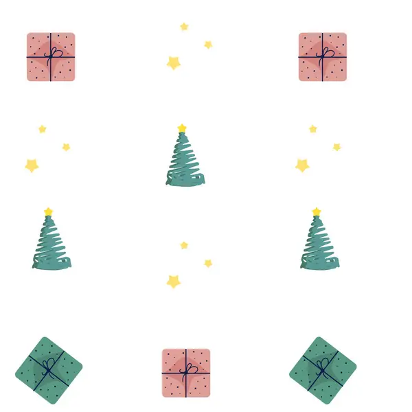 Kusursuz desenli hediyeler ve Noel ağacı, beyaz arka planda altın yıldızlar.
