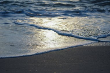 Kum sahilinde yüzen yakın dalga. Suyun yüzeyindeki güneş ışığının yansıması.