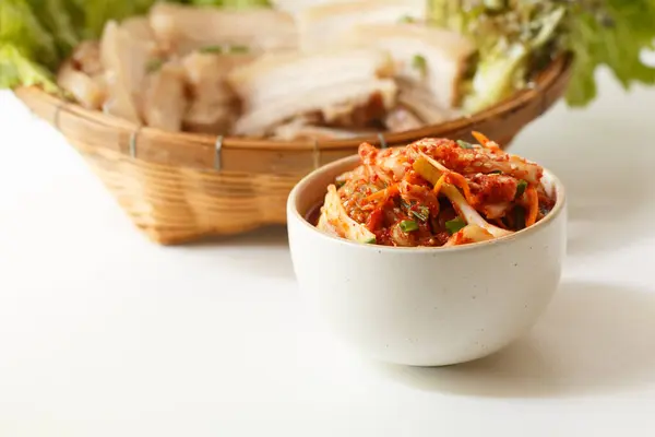 Comida Coreana Kimchi Para Comer Taza Blanca Con Juego Verduras — Foto de Stock