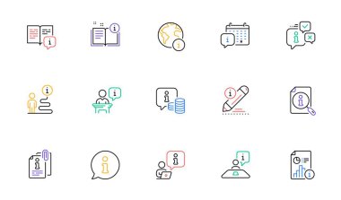 Bilgi merkezi çizgi simgeleri. Resepsiyon bilgileri, yolculuk yolu, rehber kitap. Çağrı merkezi, Faq sohbet baloncukları, Info masa simgeleri. Arama bilgileri ve müşteri yardım servisi. Vektör