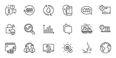 Face biyometriklerinin ana hatları, komisyon iadesi ve web uygulaması için dünya gezegen çizgisi simgeleri. Konuşma, bilgi, teslimat kamyonu taslak ikonu. Vektör