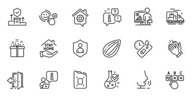 Badem fıstığının ana hatları, evde kalın ve web uygulaması için röportaj çizgisi simgeleri. Konuşma, bilgi, teslimat kamyonu taslak ikonu. Kutu yağı, güvenlik, el çırpma ikonları dahil. Vektör