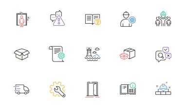 İnşaat tuğlaları, Mühendis ve Deniz feneri hattı simgeleri web sitesi, baskı için. Paketleme kutuları koleksiyonu, Uyarı, Mühendislik takım simgeleri. Kamyon teslimatı, asansör, açık kutu ağ elementleri. Vektör
